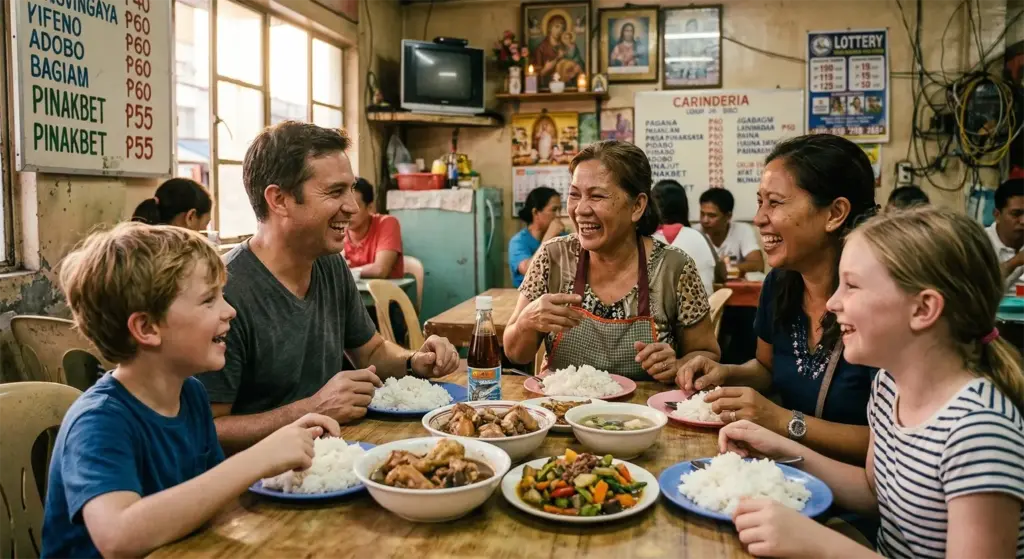Family eating at a local Filipino carinderia, sharing a meal with the restaurant owner