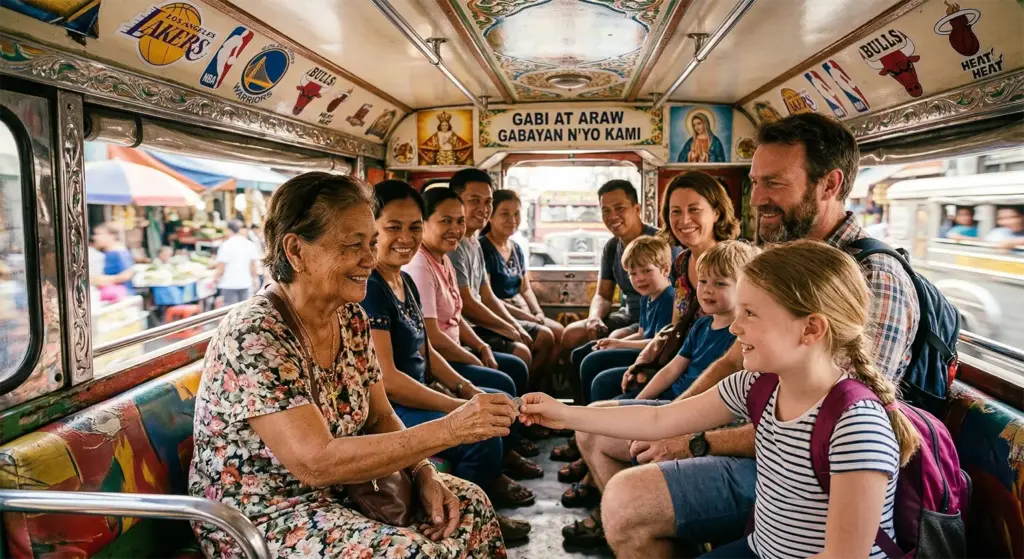 Children riding a Manila jeepney with local Filipino passengers sharing a cultural experience