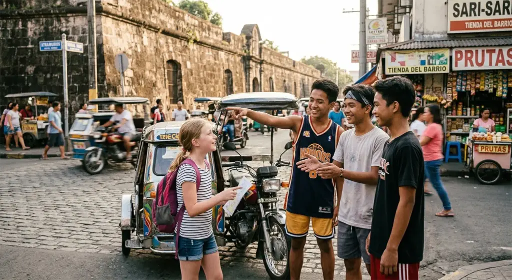 A Western child asking Filipino teens for directions near Intramuros, Manila