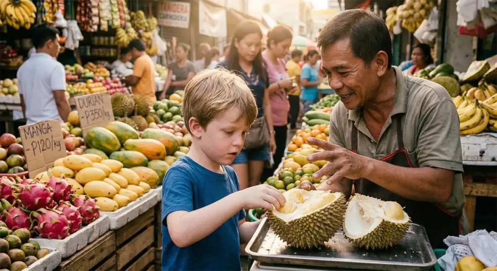 A child learning about durian fruit from a Filipino market vendor in Manila