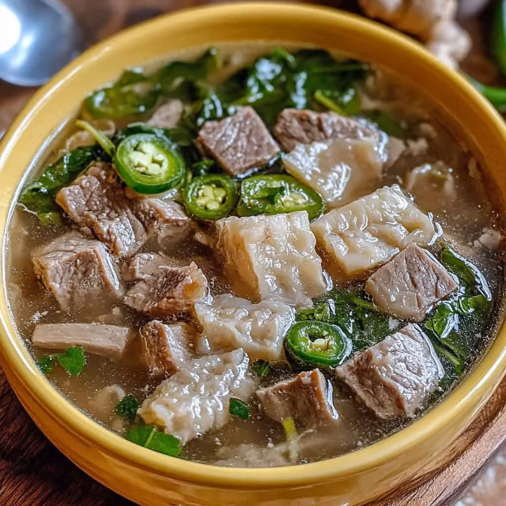 This ia a picture of A bowl of Filipino Sinanglaw soup with quite a few peppers in it.