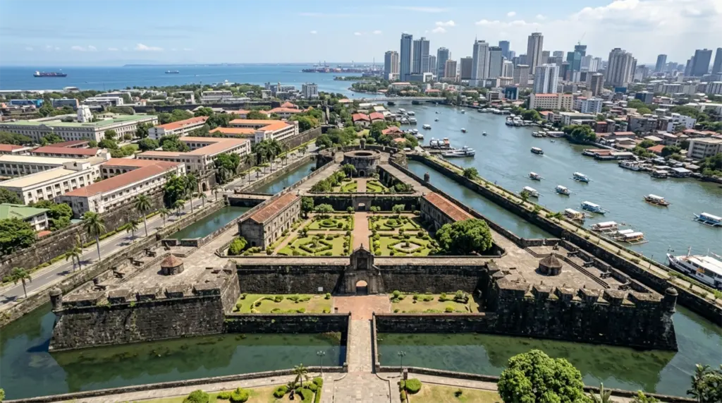 Aerial view Fort Santiago triangular fortress layout walls bastions Pasig River Manila