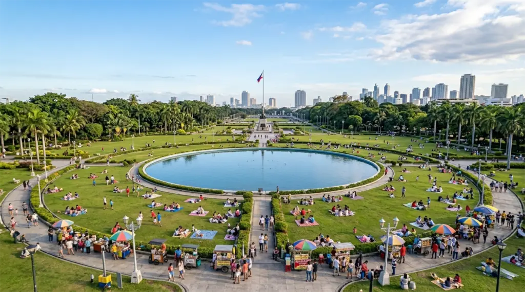 Agrifina Circle lagoon, Rizal Park, Manila, Philippines, with families on the open lawn