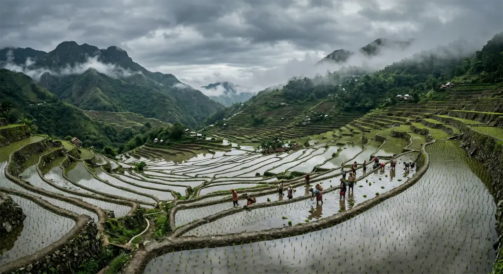 Banaue Rice Terraces flooded planting season reflection, Ifugao, Philippines