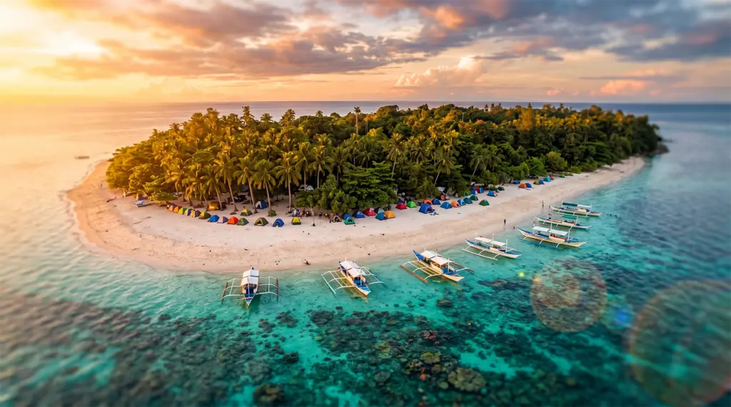 Beach tents and palm trees on Canigao Island with turquoise sea in the background.