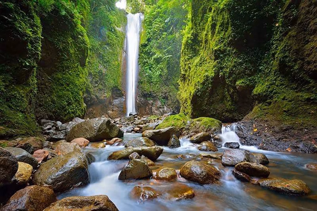 Casaroro Falls in Valencia, Negros Oriental, Philippines, a tall narrow waterfall dropping through a steep moss-covered gorge into a rocky stream, photographed with a long exposure to show silky water movement in the foreground.