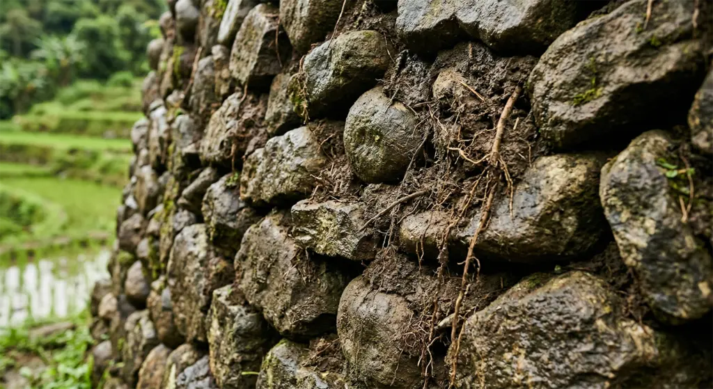 Ifugao rice terrace stone wall detail Banaue, Philippines engineering