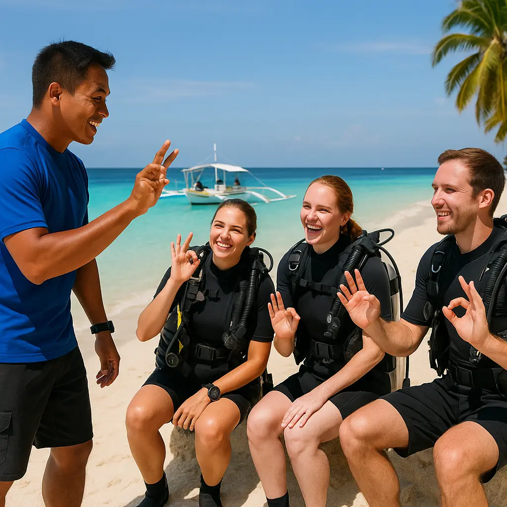 PADI dive instructor giving briefing at Alona Beach Panglao – beginner scuba diving Bohol A classic dive instructor in action at Alona Beach—gear, grins, briefing hand signals, turquoise water, palm trees, and the classic bangka in the background. The start of every great dive in Bohol.