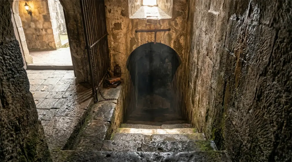 Fort Santiago dungeon entrance, stone archway, descending steps, dark interior, Manila, Philippines