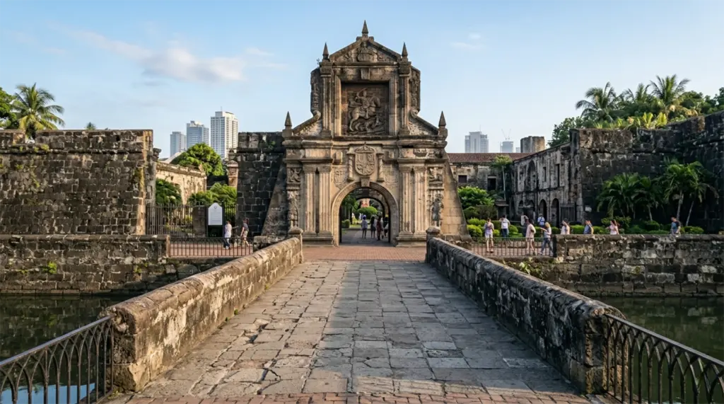 Fort Santiago entrance gate and stone bridge over moat in Intramuros Manila Philippines