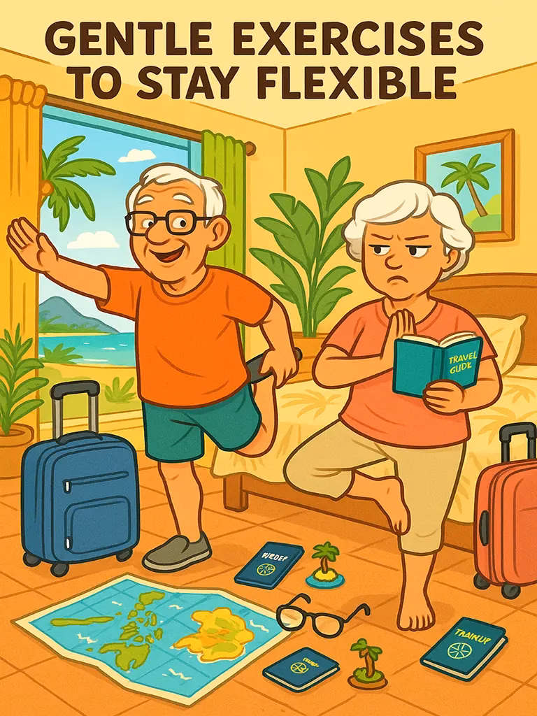 A graphic showing how to do gentle exercises to stay flexible when traveling abroad.