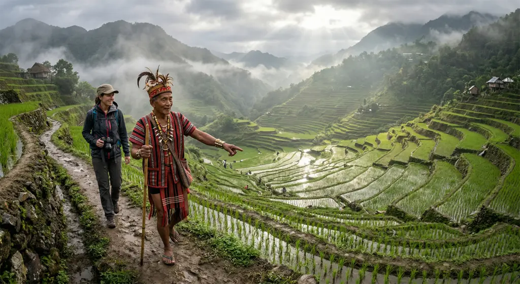 Ifugao guide on Banaue rice terrace walking path, Philippines cultural tourism