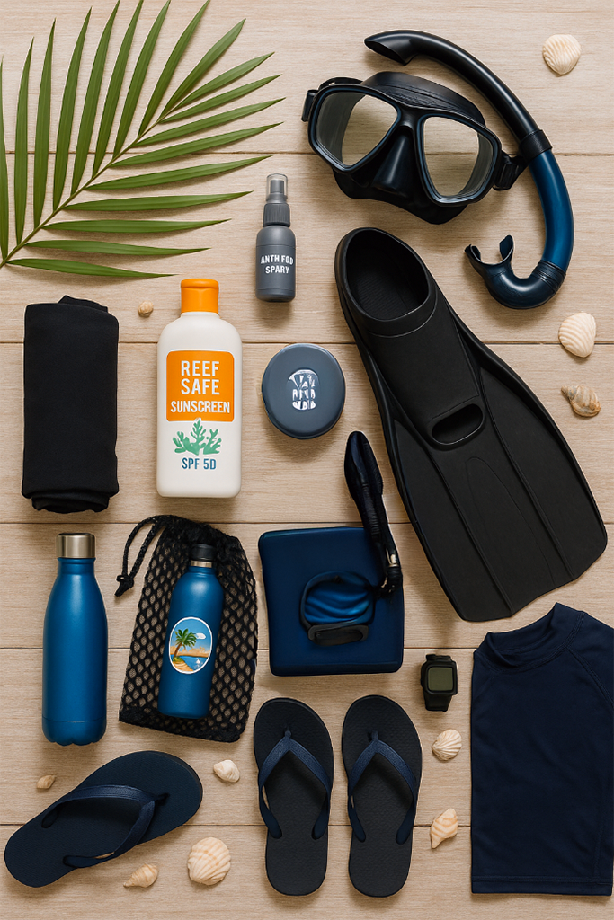 Eco-friendly diving gear and reef-safe sunscreen – essential dive packing for Bohol. An infographic highlighting the essential Bohol dive kit: reef-safe sunscreen front and center, eco-friendly gear, and all the good vibes—packed and ready to keep the corals happy.