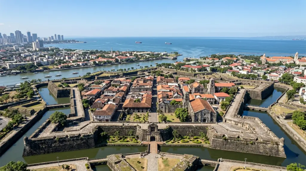 Aerial view of Intramuros walled city Manila showing 4.5km stone walls and colonial streets