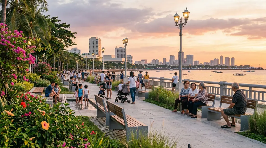 Manila Bay waterfront revitalization with green spaces and restored promenade, Philippines