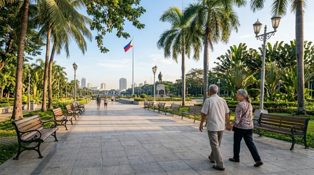 Wide, flat paved path through Rizal Park, Manila, Philippines, suitable for older visitors