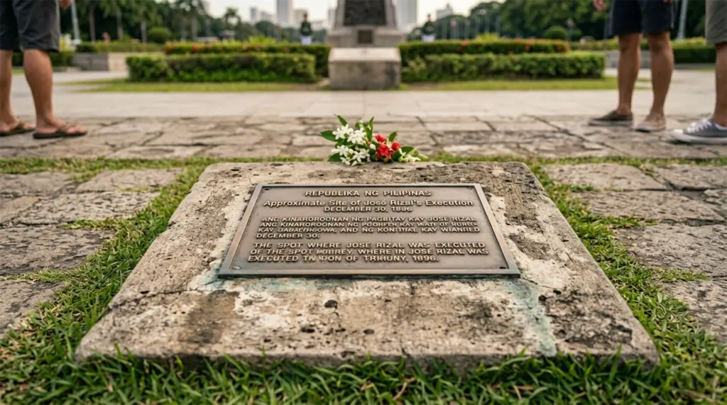 Concrete execution marker on ground at Rizal Park Manila Philippines where Rizal was shot 1896