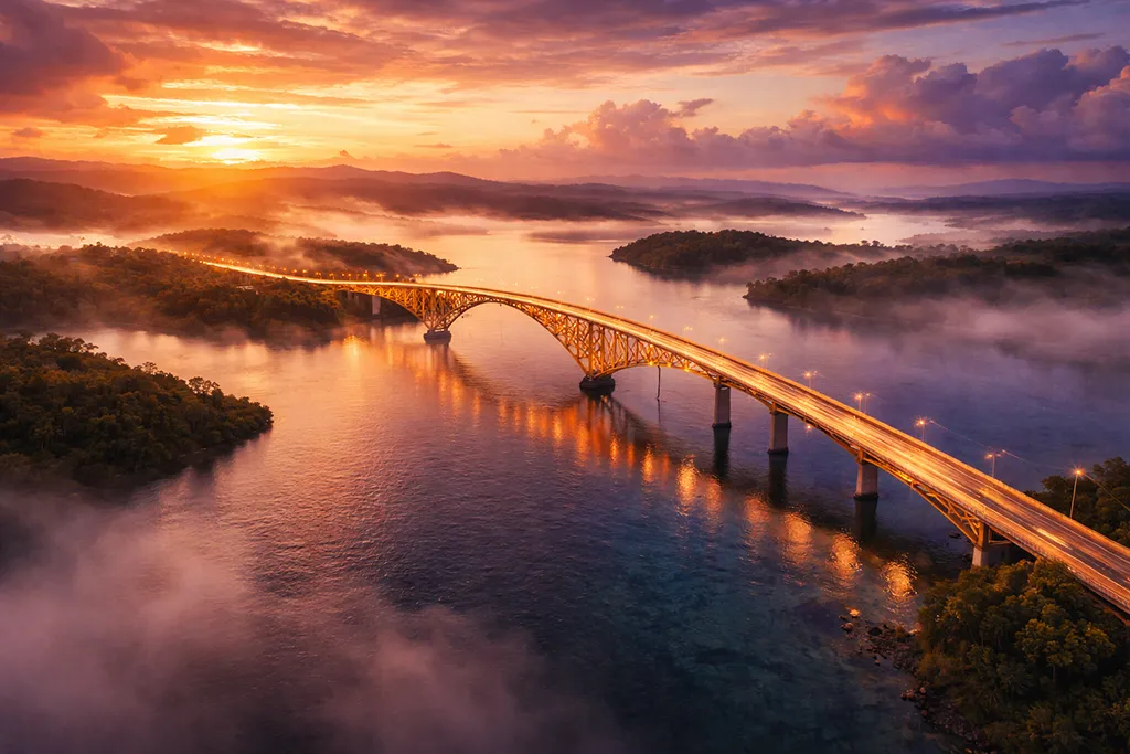 The San Juanico Bridge ‘s elegant symmetry and strong leading lines accentuated by the rich, golden-hour light.