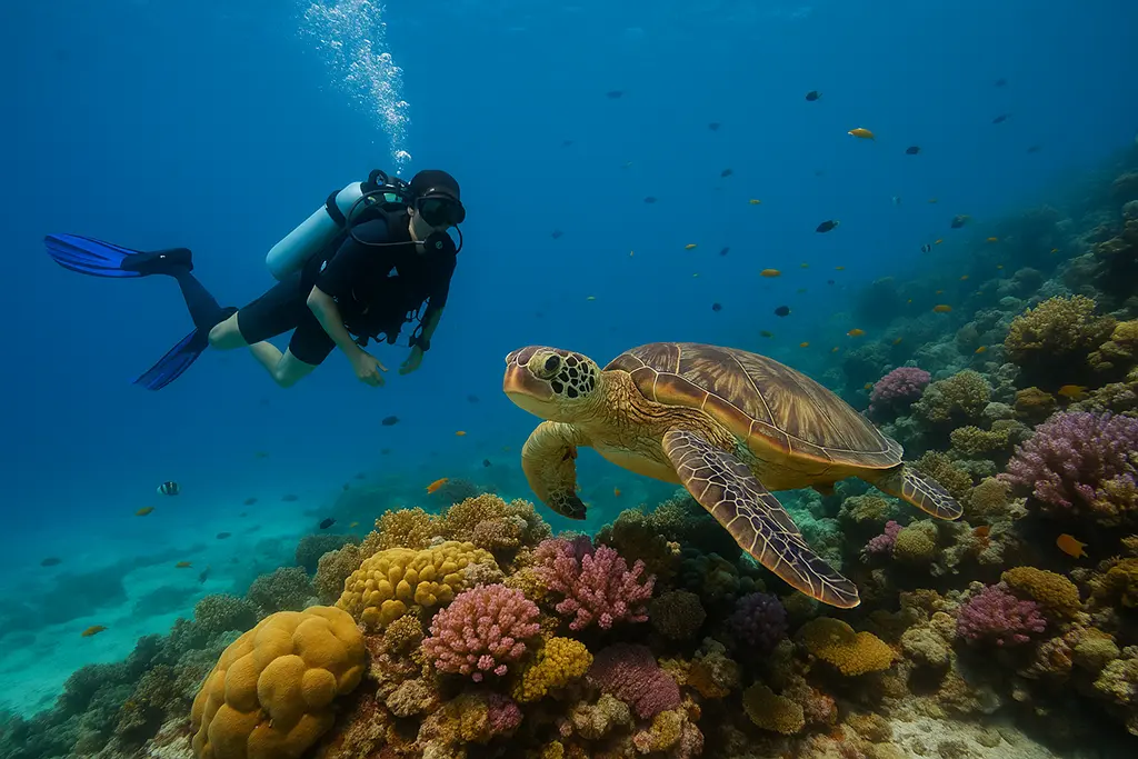A scuba diver swimming with sea turtle at Balicasag Island – a top dive site in Bohol. The picture features a scuba diver, sea turtle, rainbow coral, and a whole supporting cast of fish. Not pictured: the turtle’s autograph session after the dive.