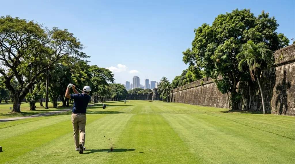 Intramuros Golf Club fairway with Spanish colonial stone walls in background Manila Philippines
