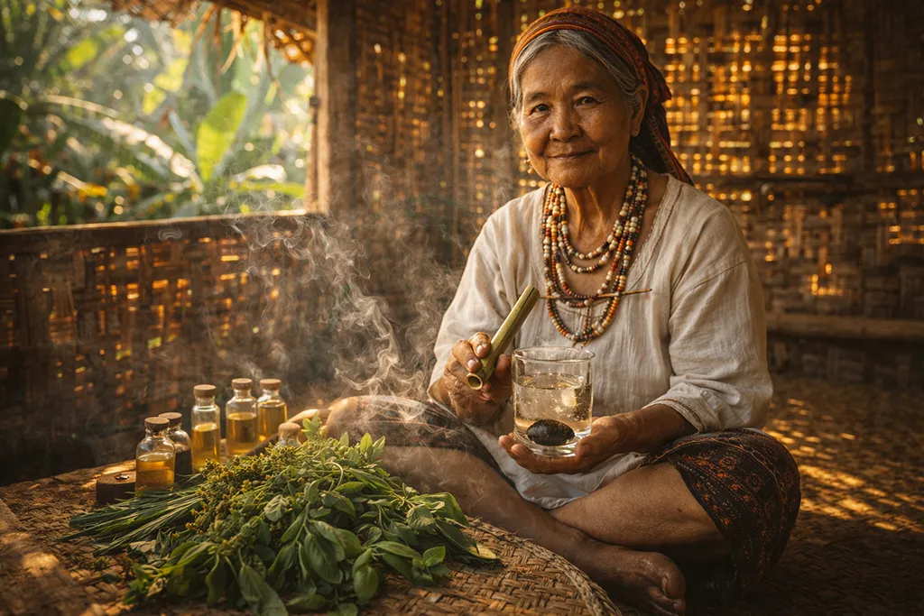 Siquijor healer albularyo with bolo-bolo setup and herbal healing tools