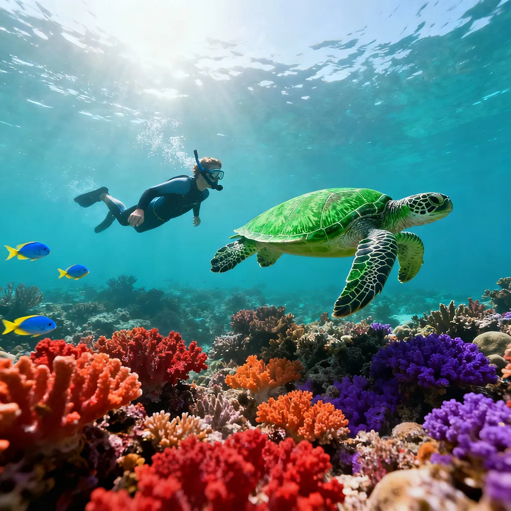Snorkeler swimming near a sea turtle over coral reefs in Apo Island, Philippines.
