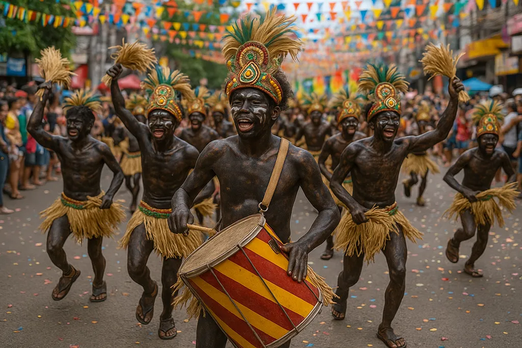 Participants with tribal body paint dancing at the Ati-Atihan Festival in Kalibo