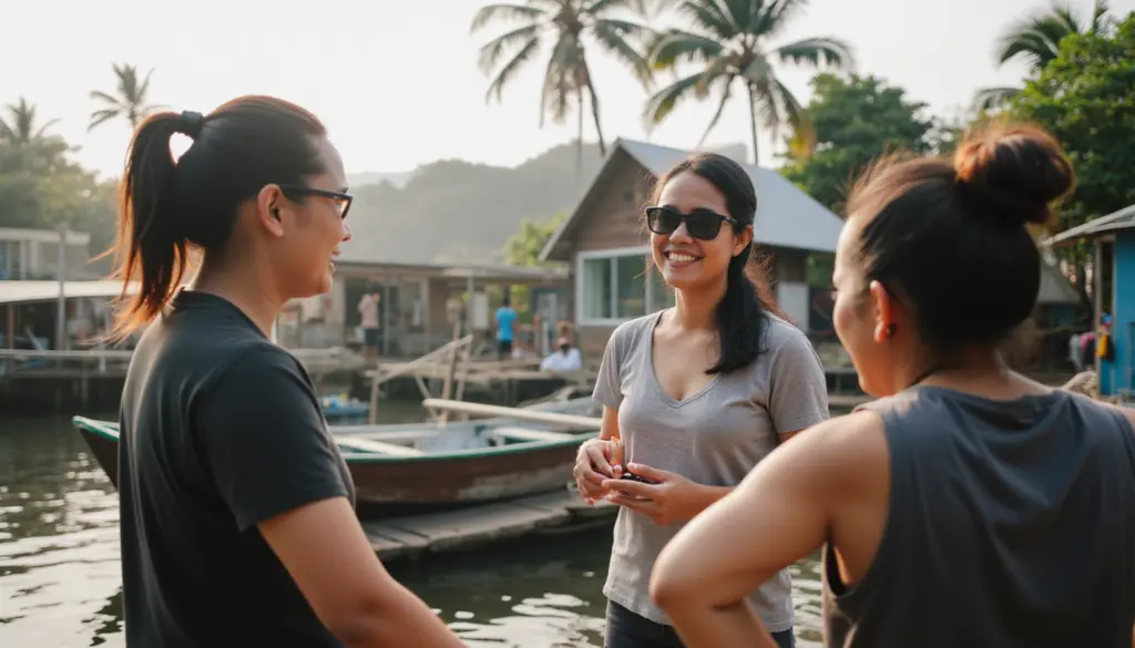 Traveler connecting with local community secret beach Philippines village