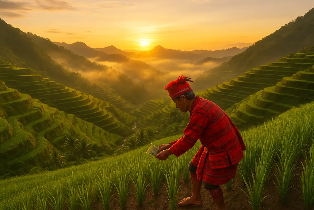 Farmer walking through the Banaue Rice Terraces at sunrise in Luzon, Philippines.