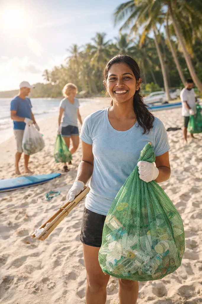 Digital nomads and locals participating in beach cleanup community activity Siargao Philippines