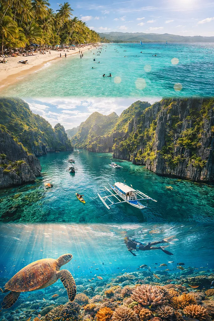 Best beaches in the Philippines 2026: Boracay, El Nido, Panglao, white sand lagoons, and coral reefs.