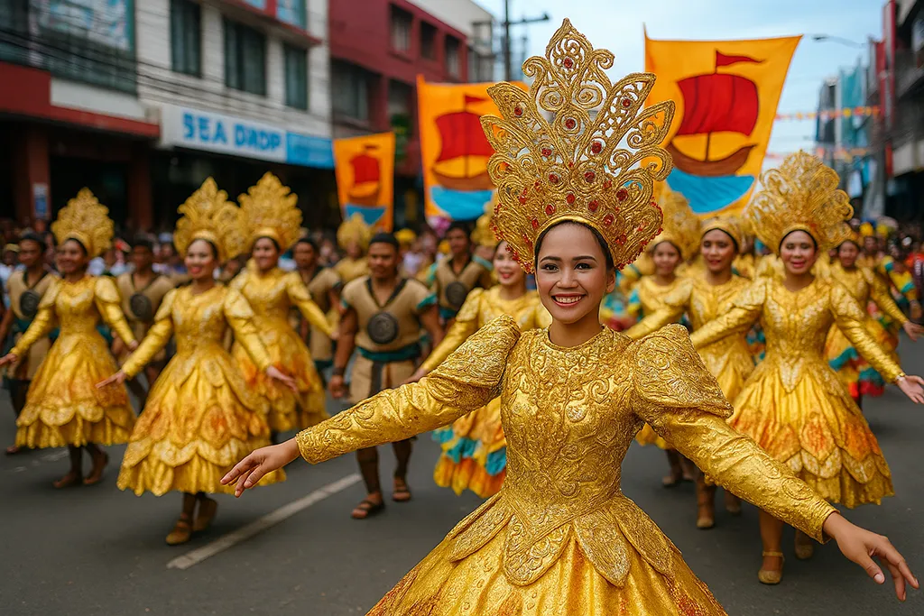 Performers in traditional costumes reenacting the arrival of the Bornean datus during the Binirayan Festival in Antique, Philippines.
