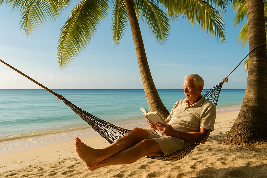 A retiree relaxing in a hammock on the beach in Bohol and reading a book