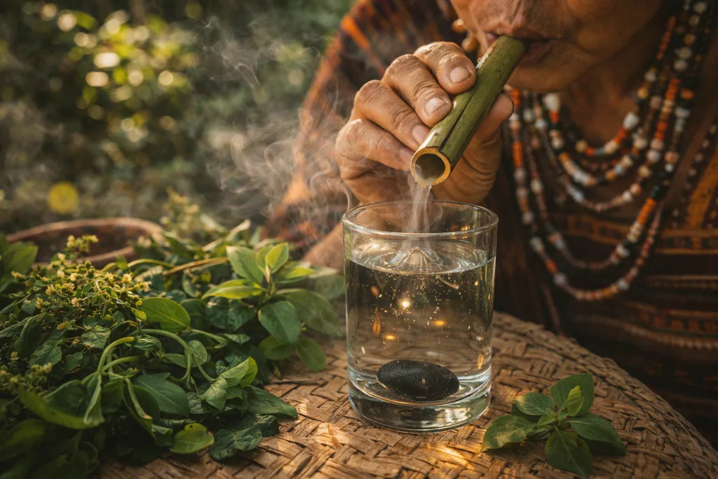 Close-up of bolo-bolo healing ritual with water, stone, and bamboo straw
