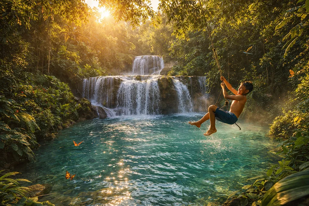 Cambugahay Falls three-tiered waterfall with jungle and child swinging on vine