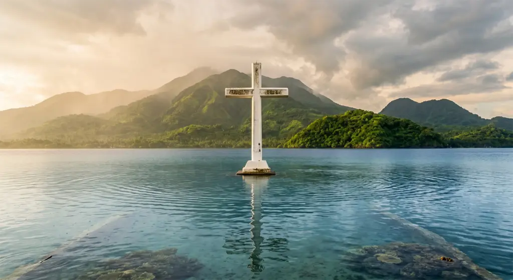 Sunken cemetery white cross above water volcanic island Camiguin Philippines