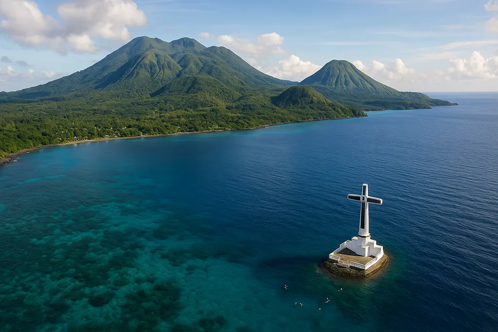 Aerial view of Camiguin Island with volcanoes and the Sunken Cemetery in the Philippines.