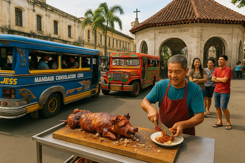 Street scene in Cebu City with jeepneys, lechon vendor, and Magellan’s Cross in the background.
