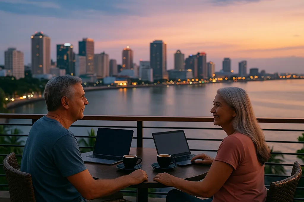 A retired couple sitting along the shorline and enjoying a coffee in Cebu as the sun is setting on the horizon