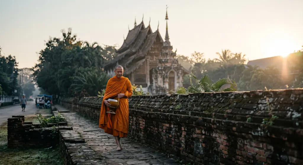 Buddhist monk in saffron robes walking past ancient temple wall Chiang Mai Old City Thailand at sunrise