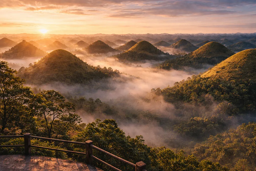 Chocolate Hills Bohol sunrise mist golden light cone shaped hills Philippines landscape