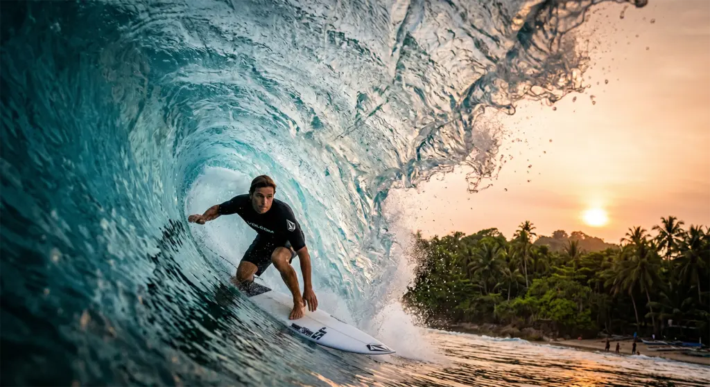 Cloud 9 reef break with surfer and hollow wave Siargao Island Philippines