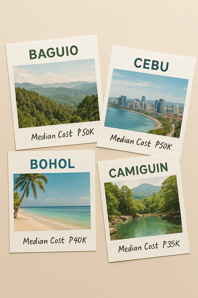 A visual board with pictures of four locationa in the Philippines and a median cost for each location
