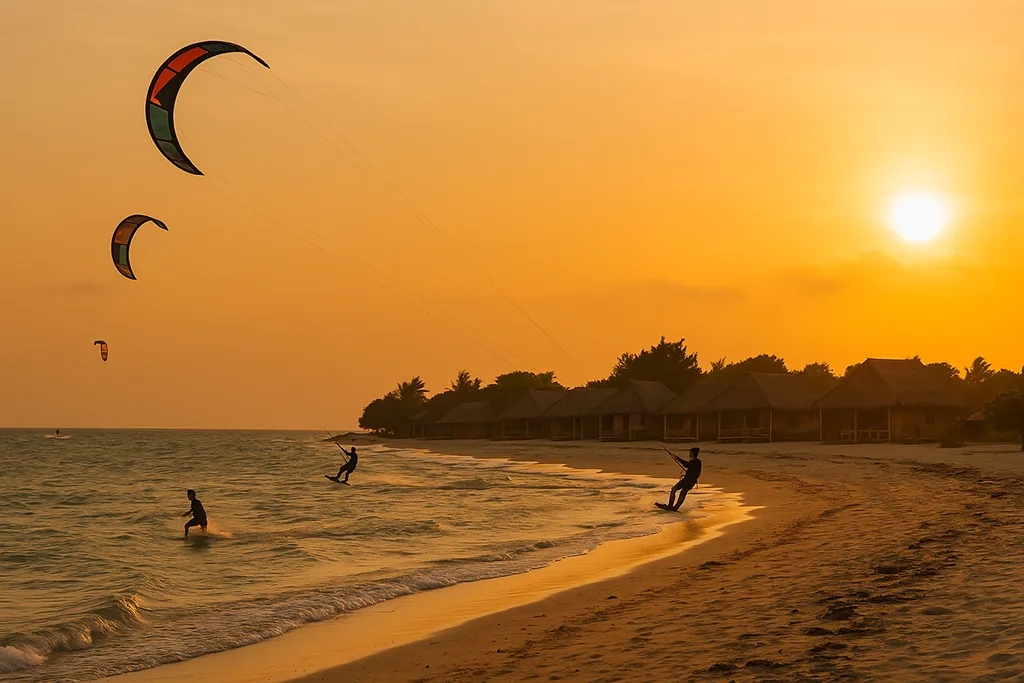 Kitesurfers on a beach in the remote Cuyo Islands of the Philippines.