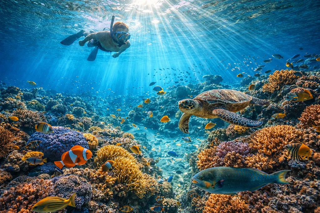 Snorkeler above a coral reef near Danjugan Island with tropical fish.
