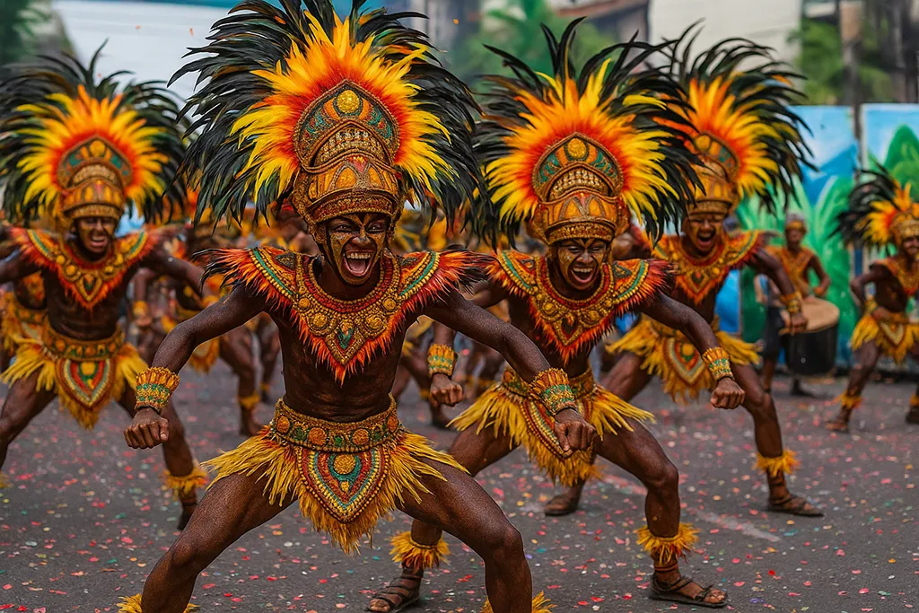 Tribal performers in colorful costumes dancing at Dinagyang Festival Iloilo