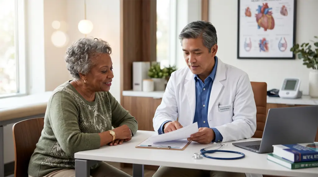 Doctor reviewing medical records with senior patient pre-travel health consultation