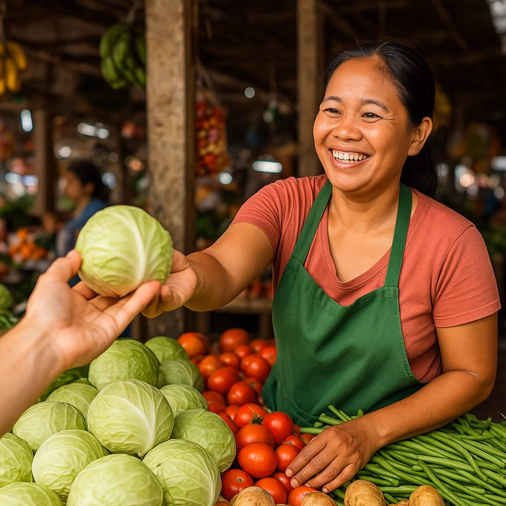 Smiling market vendor in Dumaguete City, Philippines.