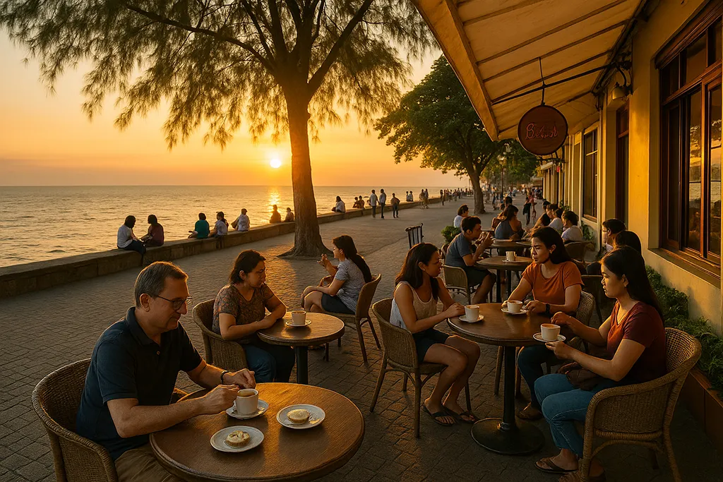 Sunset view of Dumaguete’s Rizal Boulevard with people enjoying coffee and silvanas by the sea.