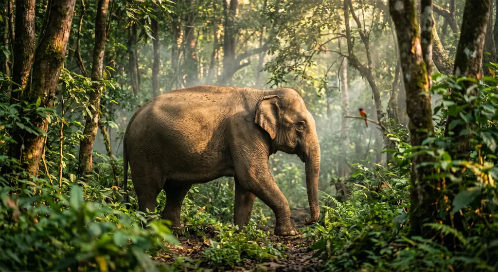 Rescued elephant walking freely in forest at ethical sanctuary near Chiang Mai Thailand